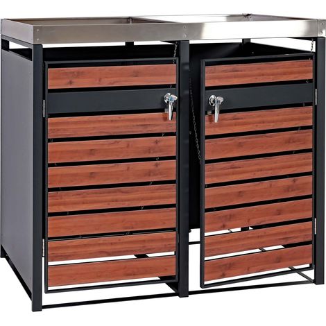 2er Mülltonnenverkleidung mit Pflanzkasten HHG-303, erweiterbar, 125x132x80cm Metall 47kg, anthrazit Kirsche-Holzoptik