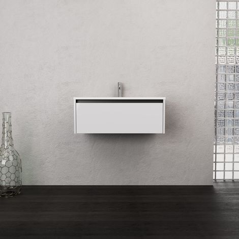 Inda - Badezimmerschrank 1 Schublade B.80 mit mattiertem Waschbecken / Hochglanzweiß - Smeraldo