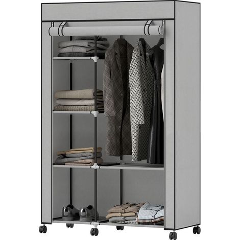 Armoire penderie en tissu meuble de rangement 6 roulettes tringle à vêtements et étagères ouvertes 103x43x162,5cm gris (1/5)