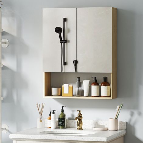 Mobile da bagno, ante a specchio, ripiano aperto, montaggio a parete, MDF, truciolato, rovere