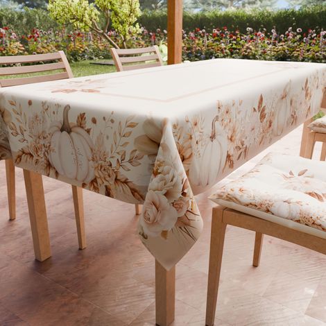 Nappe Anti-Taches Rectangulaire (140 x 300 cm) Couvre-Table de Cuisine, Motif Fleurs d'automne et Citrouilles, X14 Places, 100% fabriquée en Italie (1/5)