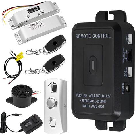 Kit de Déverrouillage à Distance sans Fil + Verrou électrique + Bouton de Sortie en Métal + 2 émetteurs 433MHz (1/5)