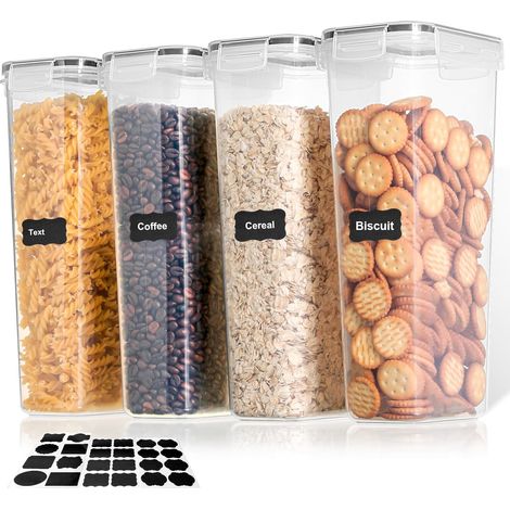 4 BPA-freie, luftdichte Kunststoffbehälter (2,8 l) + Etiketten, zur Aufbewahrung von Müsli, Nudeln, Mehl und Trockenlebensmitteln in der Küche.