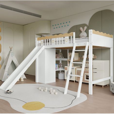 Cama alta infantil 90x200 con tobogán, armario y almacenaje, blanco y madera natural HAVRYA (1/5)