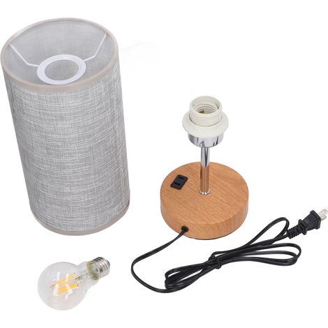Lampe de chevet tactile en métal et tissu, rechargeable par USB, à trois intensités LED, avec base imitation bois, prise US 110 V, grise. Idéale pour la chambre ou le bureau. (1/5)