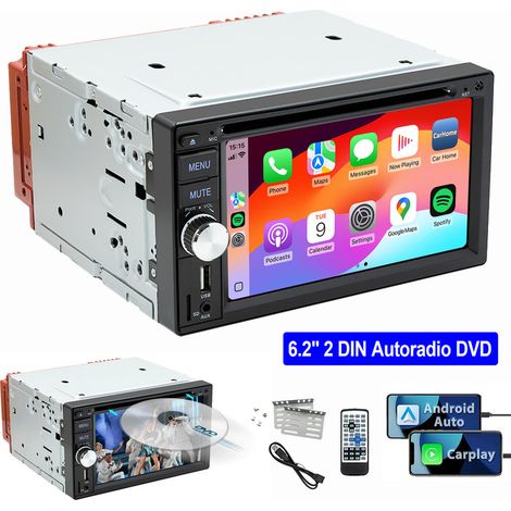 Autoradio 2 DIN filaire Carplay Android Auto avec DVD/CD caméra FM AM RDS USB Bluetooth 6.2"