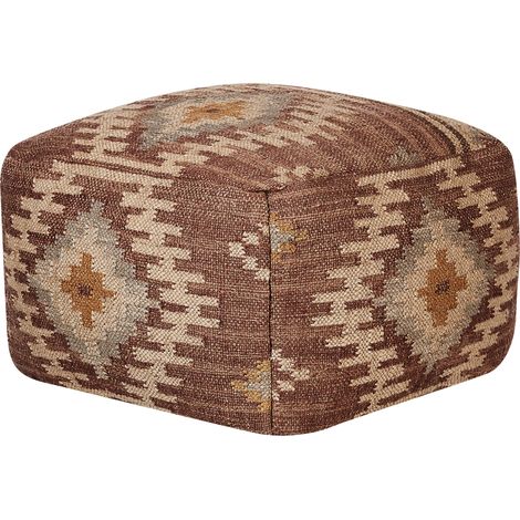 Puf de yute rojo beige 50 x 50 cm reposapiés lana patrón geométrico boho Beel (1/5)