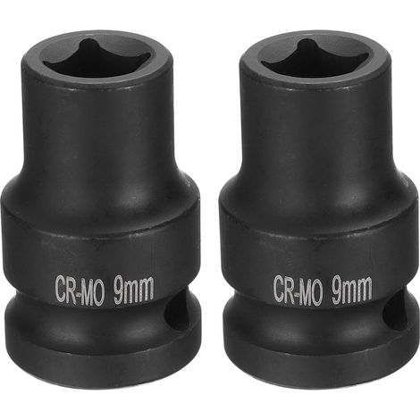 2Pcs 4 Pointe Douille Carrée 1/2" Drive 9mm Douille à Choc Carrée Métrique CR-MO Douilles de Roue Standard Noircissantes Outil de Douille Pneumatique pour Réparation Automobile (1/5)