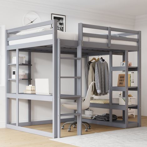 Lit mezzanine 140x200 cm en bois, avec bureau, étagères, échelle et rangements, penderie, sommier à lattes, gris (1/5)
