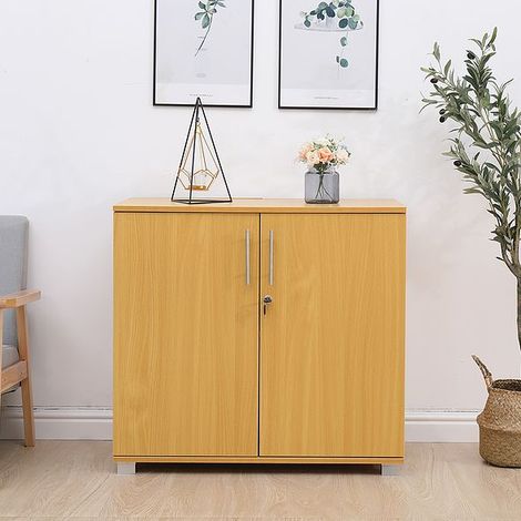 Beech wooden Filing cabinet with 1 shelf - 2 Door Lockable Filing Cabinet - Short wood Office Storage Cupboard Organiser - Strong and Sturdy Shelving Unit 770mm(h) x 800mm(w) x 450mm(d)