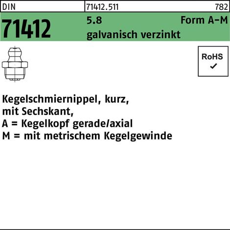 DIN 71412 Kegelschmiernippel 5.8 M 6 x 1 SW 7 galv. verzinkt Sechskant 100 Stk (1/2)