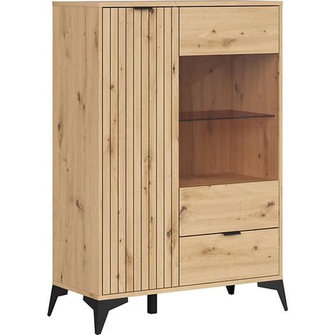 Vitrine basse à 2 portes et un tiroir,coloris Chêne artisan - Longueur 90 x Profondeur 41 x Hauteur 133 cm (1/5)