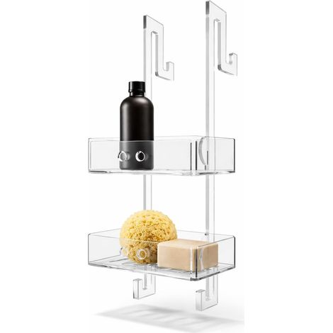 Étagère de Douche à Suspendre 2 Niveaux – Organisateur Salle de Bain en Acrylique Transparent, Porte Shampoing pour Paroi de Douche en Verre jusqu’à 30 mm, avec Crochets, Sans Perçage (1/3)