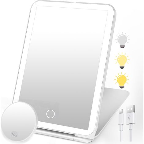 Miroir de Maquillage Lumineux, 3 Tons de Lumière, Miroir Magnifiant 10X, écran Tactile, Batterie 1000mAh USB Rechargeable - pour Voyage et Maison (Blanc) (1/5)