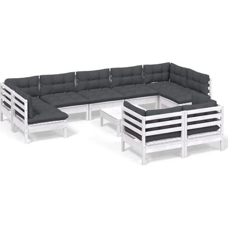 vidaXL Set Divani da Giardino 10 pz con Cuscini Bianchi Legno di Pino (1/5)