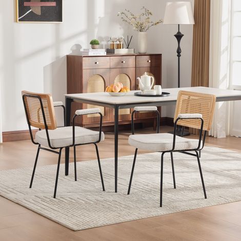Fauteuil de salle à manger moderne, lot de 2, rembourrage en chenille, avec accoudoirs, cadre en bois massif au dossier, aspect rotin, pieds en métal réglables - IVOIRE (1/5)