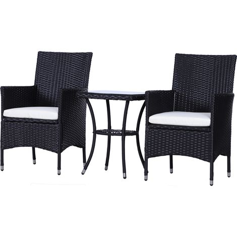 3 Pieces Rattan Bistro Set, Wicker Garden Furniture Set with 2-Tier Coffee Table Chairs, Cushions, for Outdoor Patio Balcony, Black (1/5)