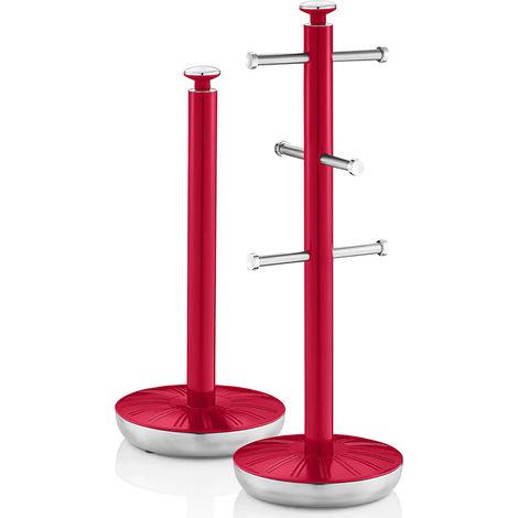 SWAN SWKA1054RN Retro set Porta Rollos Papel Cocina + Porta Tazas para 6 Tazas, Acero Lacado, Diseño Vintage  Rojo