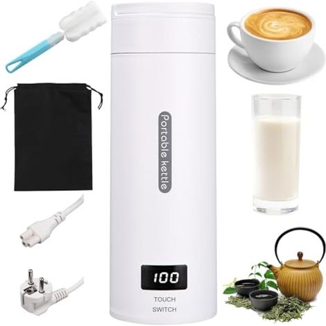 Bouilloire électrique portable 380 ml, 4 températures, mini bouilloire avec brosse et sac, acier inoxydable, arrêt automatique, pour lait, café, thé (1/4)