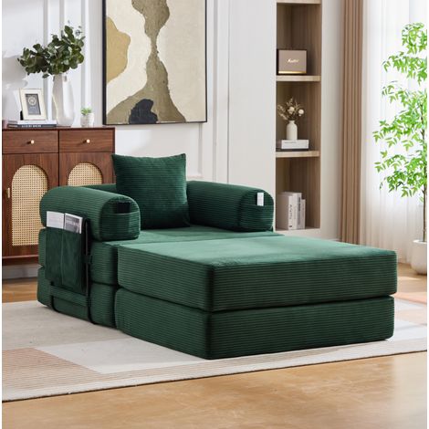 Canapé modulare in velluto a coste verde smeraldo con pouf, tasca laterale e cuscino, 112x190x67 cm (1/5)