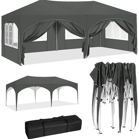 Tente de réception pliante 3x6 m avec 6 parois, imperméable anti-UV, grise MODENUIT (1/5)