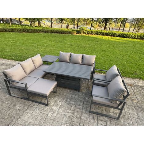 Fimous Garden Aluminium Furniture Set Dark Grey 9 Seater Outdoor Patio Adjustable Rising Lifting Dining Table with 2 Chairs Side Table Big Footstool Dark Grey (1/5)