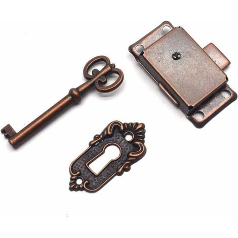 Serrure de meuble décorative en 2 parties, style antique, avec clé, carrée, classique, pour meubles de cuisine, tiroirs (rouge antique) (1/3)