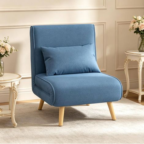 Sillón cama plegable, respaldo reclinable en 5 posiciones, estructura de metal, tejido de poliéster azul (1/5)