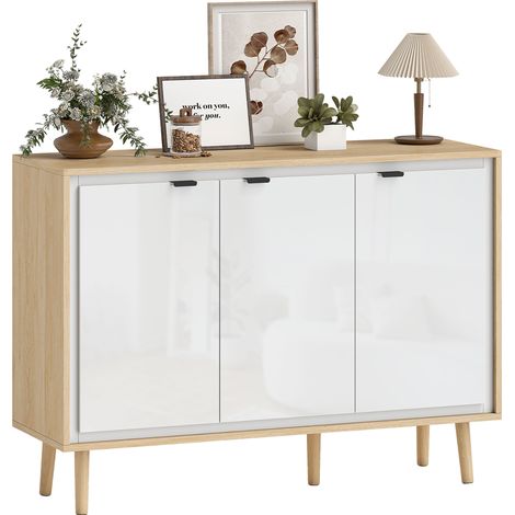 Credenza Moderna a 3 Ante con Ripiano Regolabile, 107x35x77 cm, Bianco Lucido e Rovere