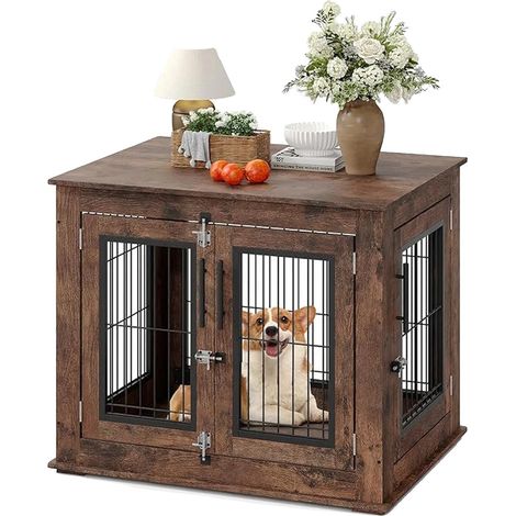 Gabbia per animali domestici, robusta struttura in legno, dimensioni 79 cm x 56 cm x 61 cm, adatta a cani di piccola e media taglia, design resistente ai morsi, lati in acciaio aperti per la ventilazi (1/5)