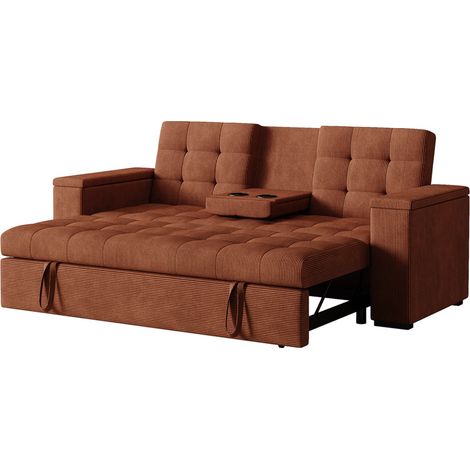Concept-Usine – Canapé convertible 3 places terracotta – Velours côtelé – Structure en bois massif – Espace de rangement sous les accoudoirs