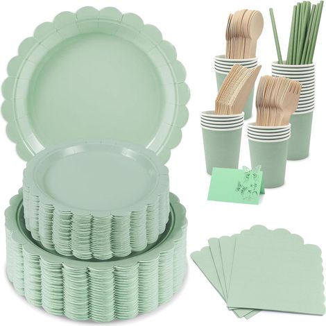 Festliches Geschirrset, bestehend aus Tellern, Bechern, Servietten und kompostierbaren Papierstrohhalmen, Einweg-Picknickset (Grasgrün: 25 Personen) (1/5)