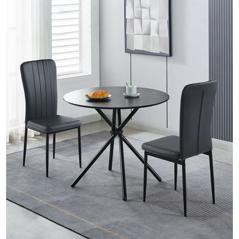 Hallowood Furniture Cullompton Small Round Dining Table and Chairs Set 2, Black Kitchen Table and Chairs Set 2 with Wooden Effect Top & Black Faux Leather Perfect for Home and Cafe