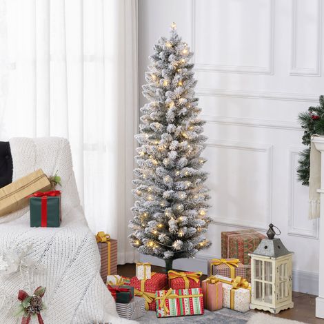 Sapin de Noël artificiel enneigé de 150 cm avec 120 lumières LED, 263 branches et pieds en métal pour salon, vert et blanc