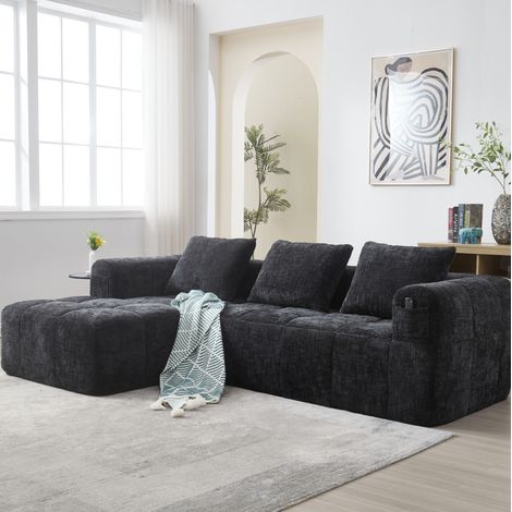 Canapé modulaire en chenille noire 250x158 cm avec méridienne et poches latérales (1/5)