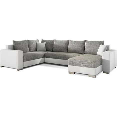 Canapé U convertible tissu gris clair chiné et simili blanc coffre de rangement à droite Marry 321cm (1/5)