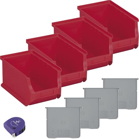 vasalat Stapelboxen 235x150x125mm Gr.3, Sichtlagerboxen für Werkstatt Garage und Lager, Kunststoff rot, 4x Sichtlagerkästen + 4x Trennsteg (1/5)