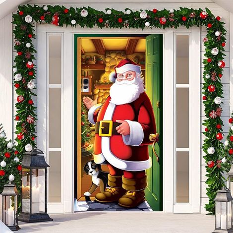 Décoration de porte de Noël, autocollant de porte, tissu décoratif à suspendre, toile de fond pour décoration de fête, décoration de porte de chambre - 90 x 180 cm (perforé + ruban) - 1