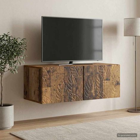 Meuble TV mural vintage en bois d’ingénierie, bois ancien, 98 x 41 x 30 cm, 2 portes - PANGIVO (1/5)