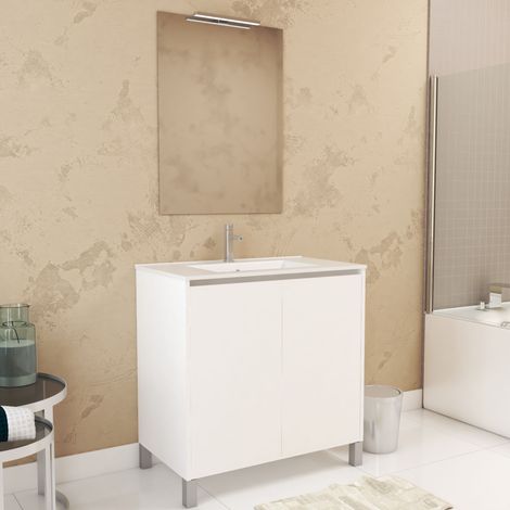 pack meuble salle de bains 80cm blanc 2 portes, vasque, miroir 60x80 et réglette led - xenos (1/5)