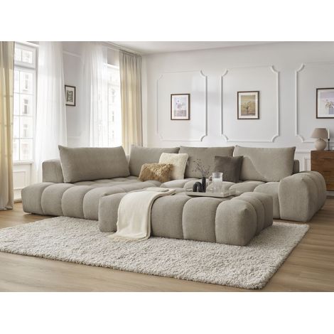 BOBOCHIC - Canapé d'angle fixe EVEREST tissu chiné avec pouf Angle gauche Taupe (1/5)