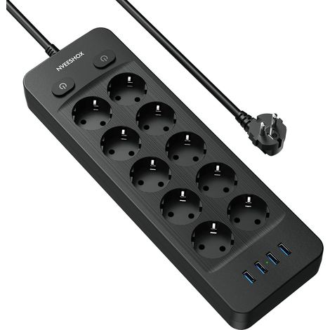 Multiprise 10 Prises avec 4 USB Ports,2M Câble (16A/3680W) Multiprise Electrique, Bloc Multiprise Parafoudre et Surtension avec Interrupteur, Multiprise Noire pour Maison Bureau (1/5)