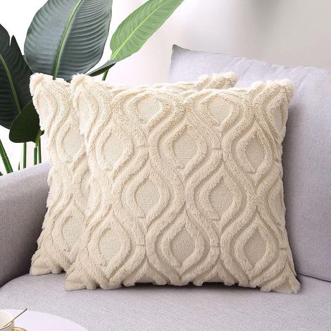 Dekorative Kissenbezüge 45 x 45 cm, Boho-Landhausstil, Kissenbezüge aus Kunstfell, weiche, flauschige beige Kissenbezüge für Sofa, Wohnzimmer, Schlafzimmer, 2er-Set