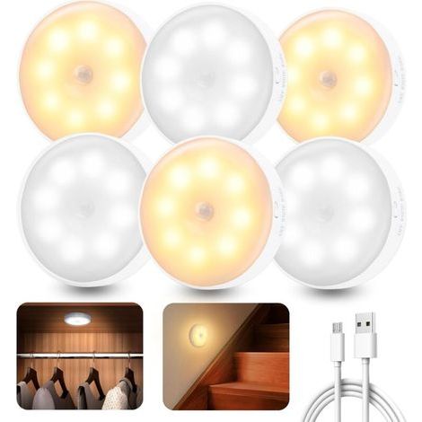 6 Pièces Lampe Détecteur de Mouvement Interieur, Veilleuse LED Rechargeable Lumiere 3 Modes, Lampe Led Sans Fil éclairage pour d'escalier, Couloir, Chambre à Coucher, Armoire, Cuisine (1/5)