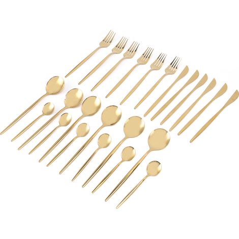 Couverts en acier inoxydable 24 pièces dorés, fourchette cuillère couteau portugais, set or avec boîte cadeau (1/5)