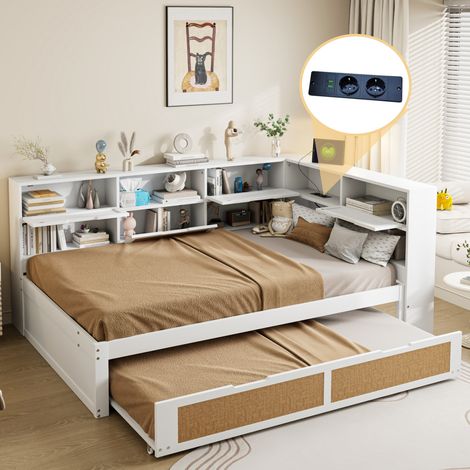 Divano letto 140x200 cm con letto aggiuntivo, vano portaoggetti, ripiano aperto e porta di ricarica, senza materasso, bianco (1/5)