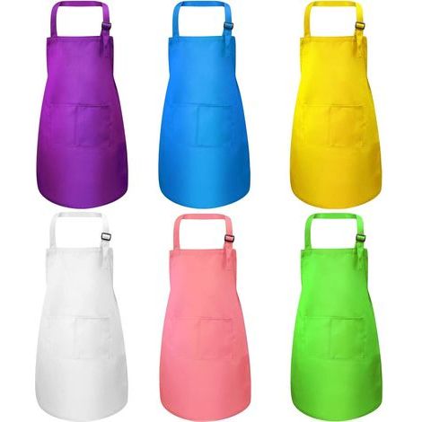 6 Pieces Kids Chef Aprons, Kids Apron with 2 Pockets, Adjustable Apron for Cooking, Painting, Holiday Gifts, Apron for Boys and Girls (4-15 Years, Multicolor) (1/5)