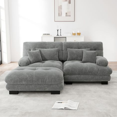 Sofá esquinero Cloud para sala de estar, sofá doble de chenilla con 2 cojines lumbares y 2 cojines decorativos, sofá tapizado con amplios reposabrazos y otomana, chenilla gris