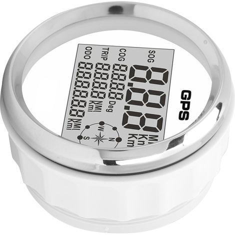 85-mm-LCD-Digital-GPS-Tachometer, 8-farbige Hintergrundbeleuchtung, 0–999 Knoten/km/h/mph, 12 V/24 V, weißes Zifferblatt, silbernes Gehäuse (1/5)