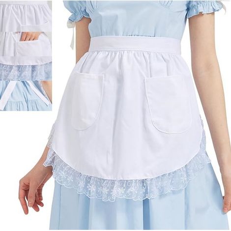 1 Grembiule corto da cucina/da cameriere/mezzo grembiule con inserto in pizzo e tasche per ristoranti, cucine e feste, bianco (1/5)